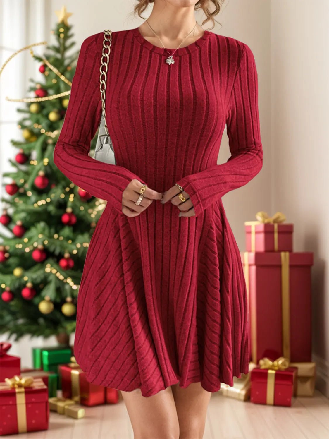 Ribbed Round Neck Long Sleeve Dress 2668south