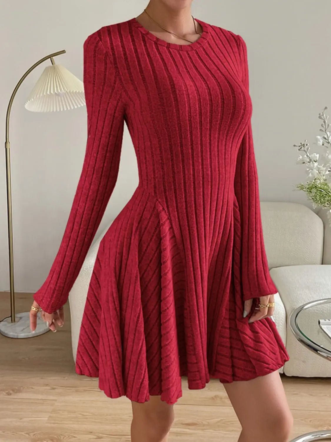 Ribbed Round Neck Long Sleeve Dress 2668south