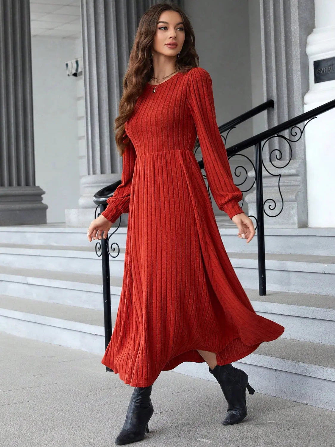 Ribbed Round Neck Long Sleeve Dress 2668south