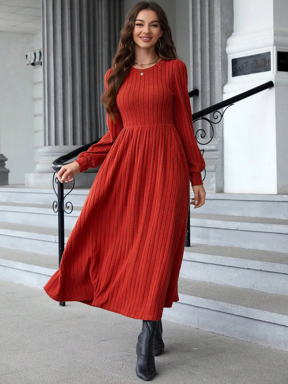 Ribbed Round Neck Long Sleeve Dress 2668south