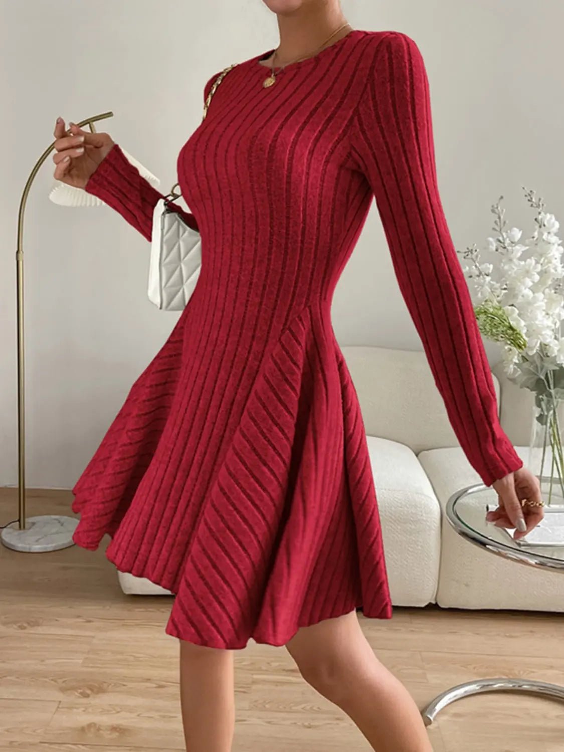 Ribbed Round Neck Long Sleeve Dress 2668south