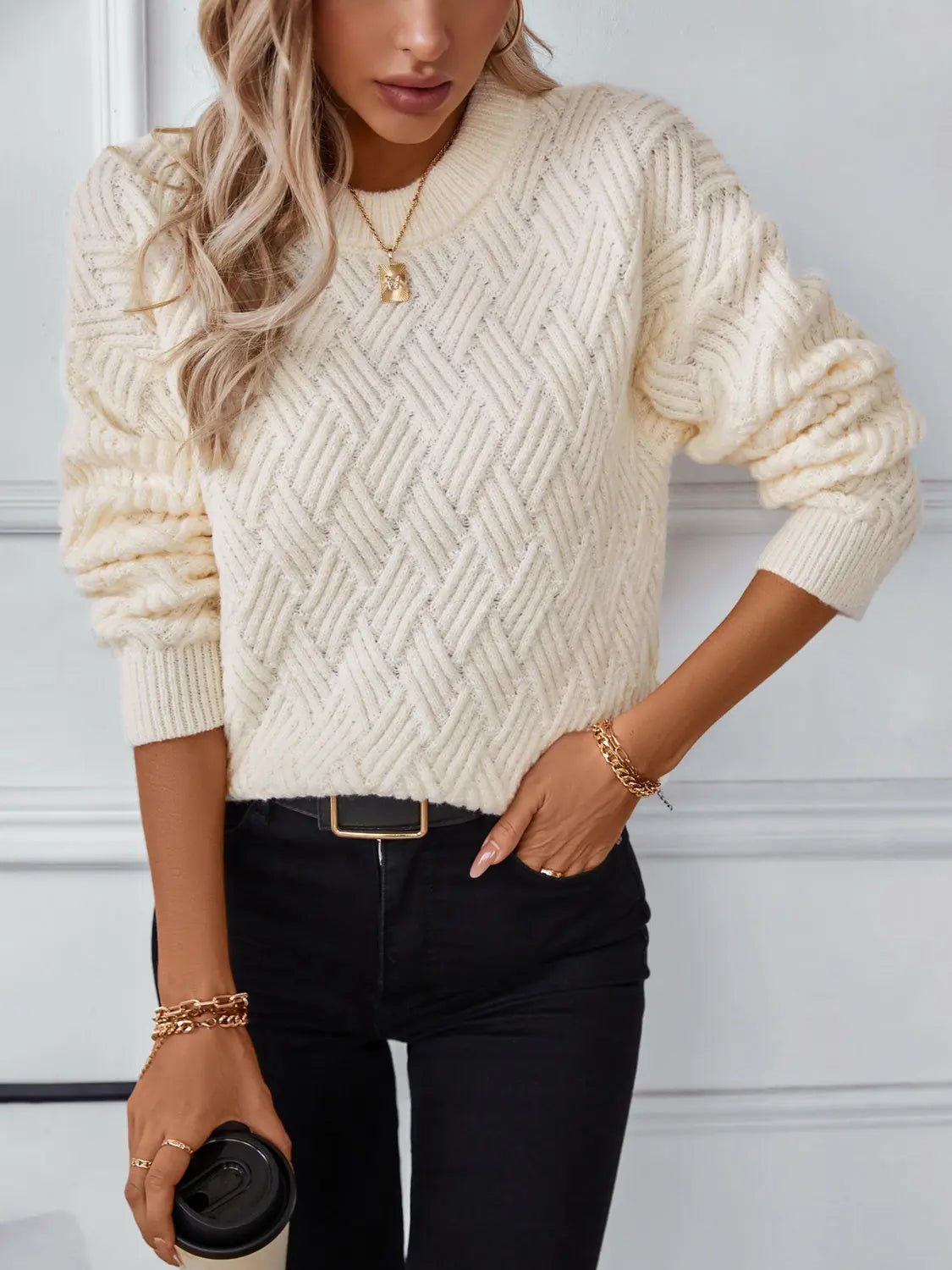 Round Neck Long Sleeve Woven Sweater 2668south