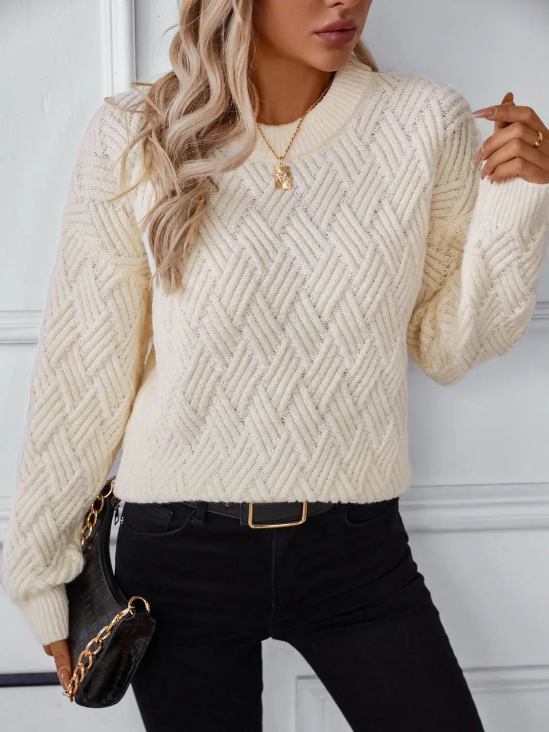 Round Neck Long Sleeve Woven Sweater 2668south