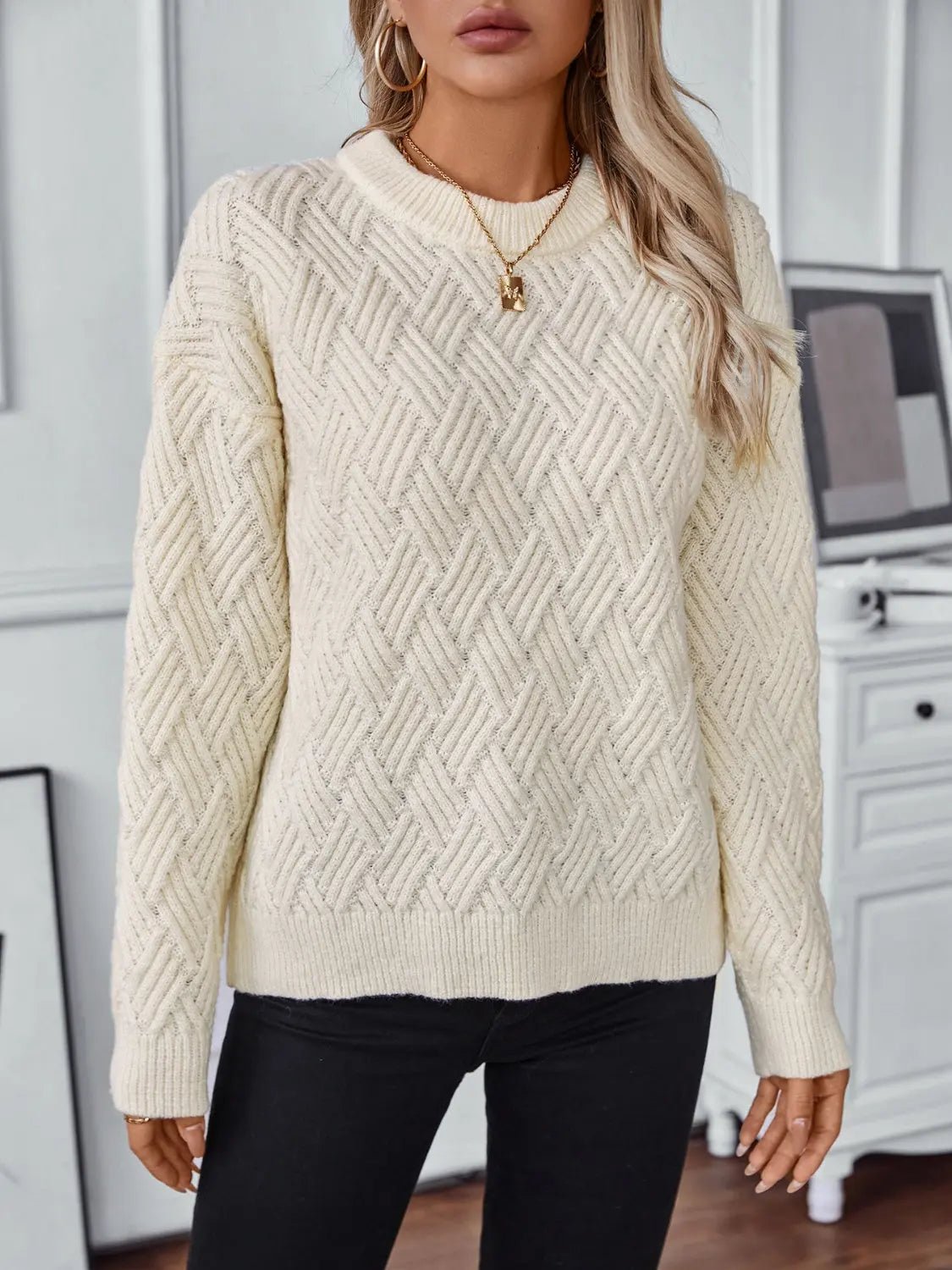 Round Neck Long Sleeve Woven Sweater 2668south