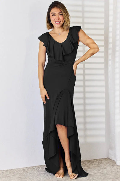 Ruffled V-Neck High-Low Dress 2668south