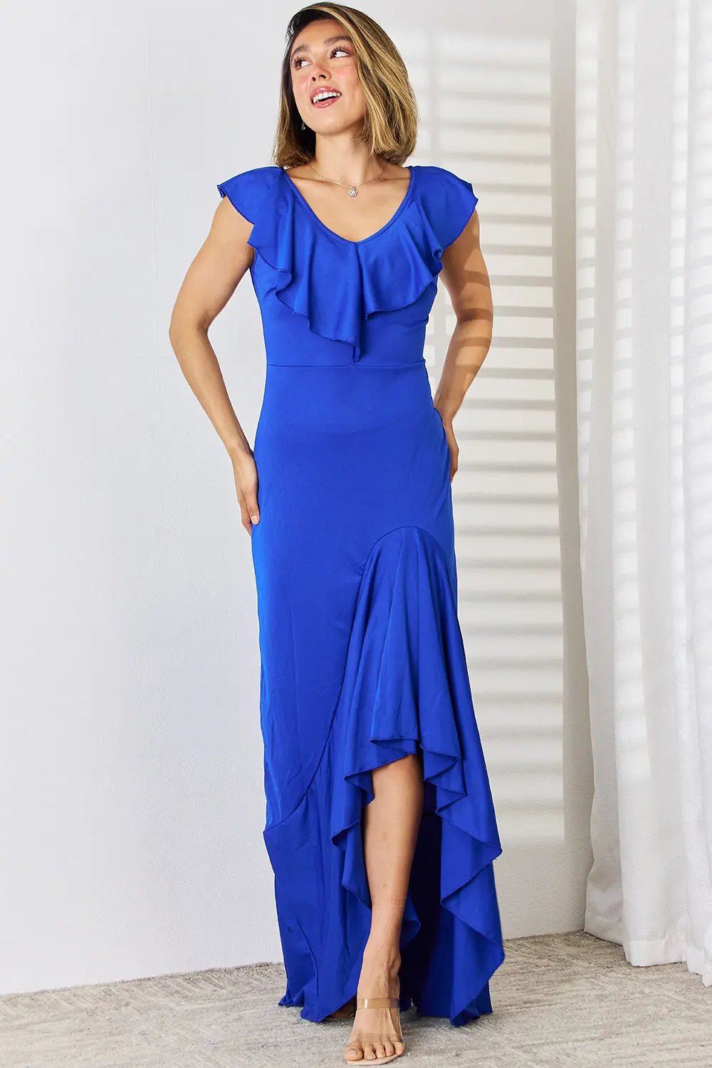 Ruffled V-Neck High-Low Dress 2668south