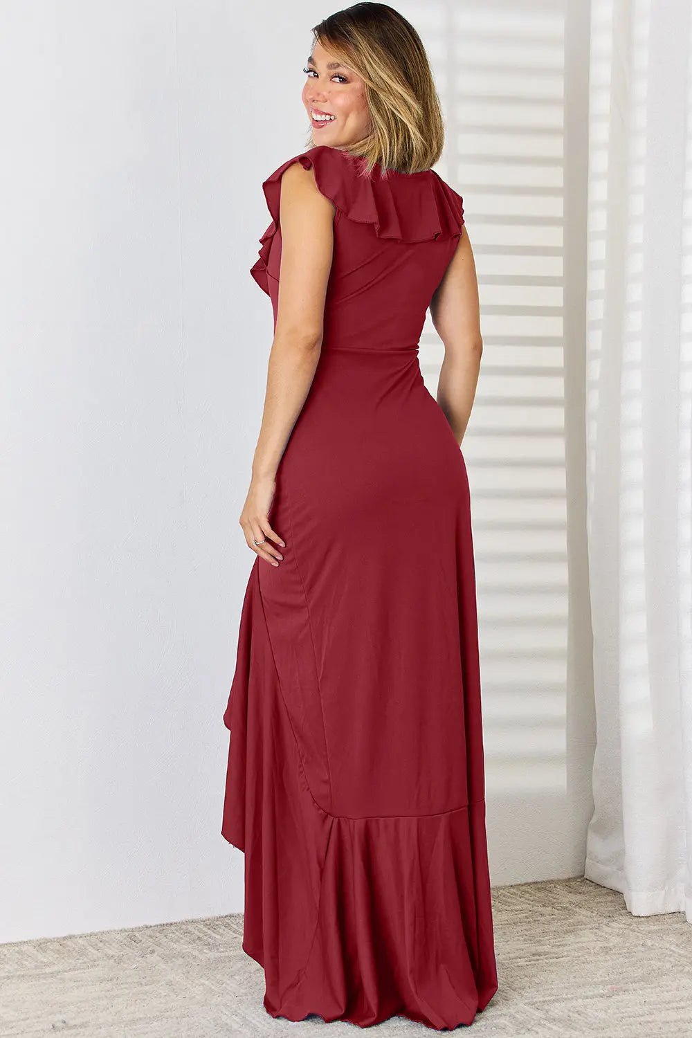 Ruffled V-Neck High-Low Dress 2668south