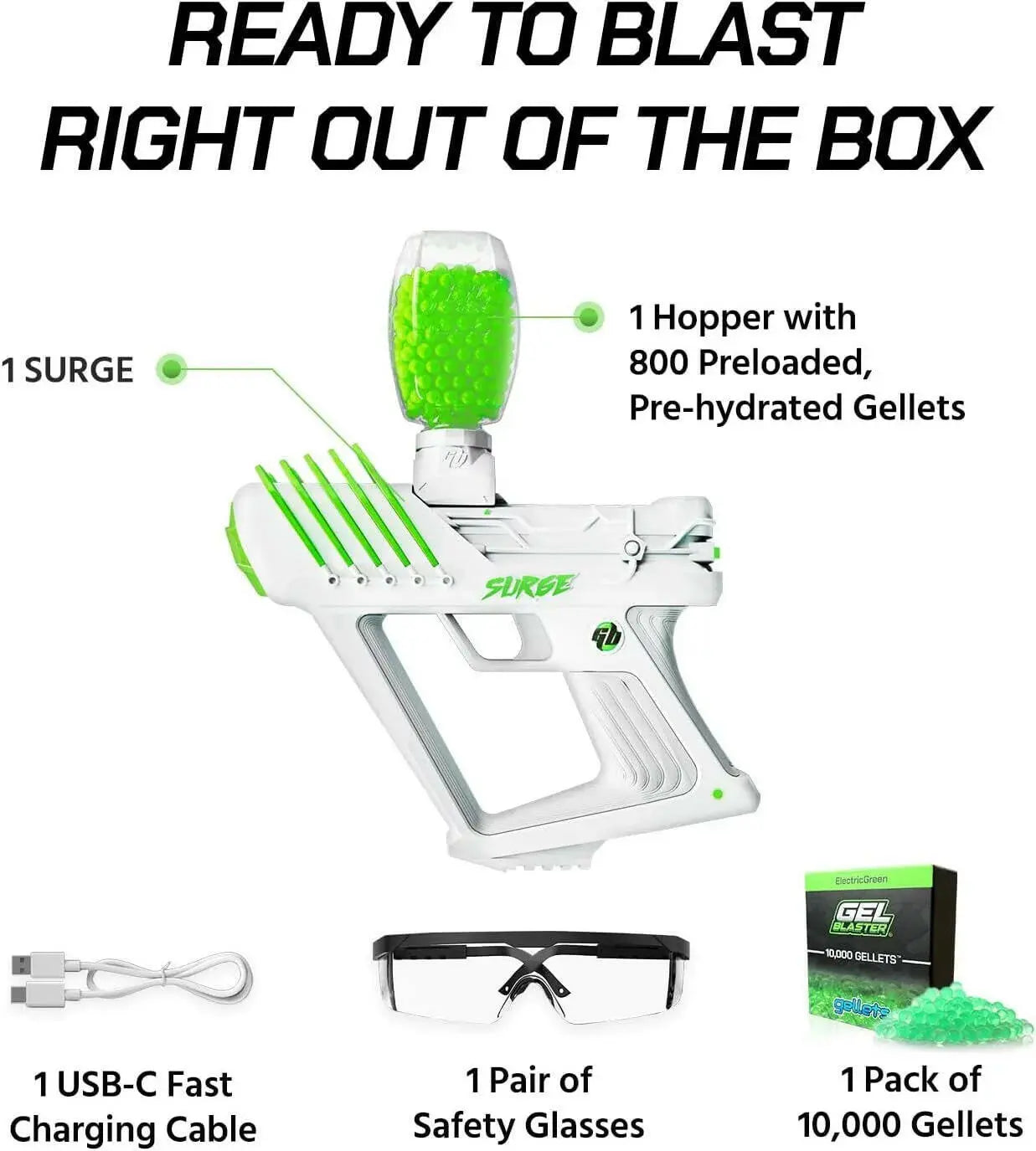 SURGE 1.5, Electric Green, Water-Based Gellet Blaster with 10,000 Electric Green Gellet Pack 2668south