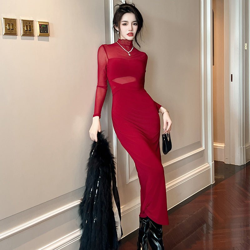 See-through Stitching Slim Fit Slit Dress Base Dress 2668south