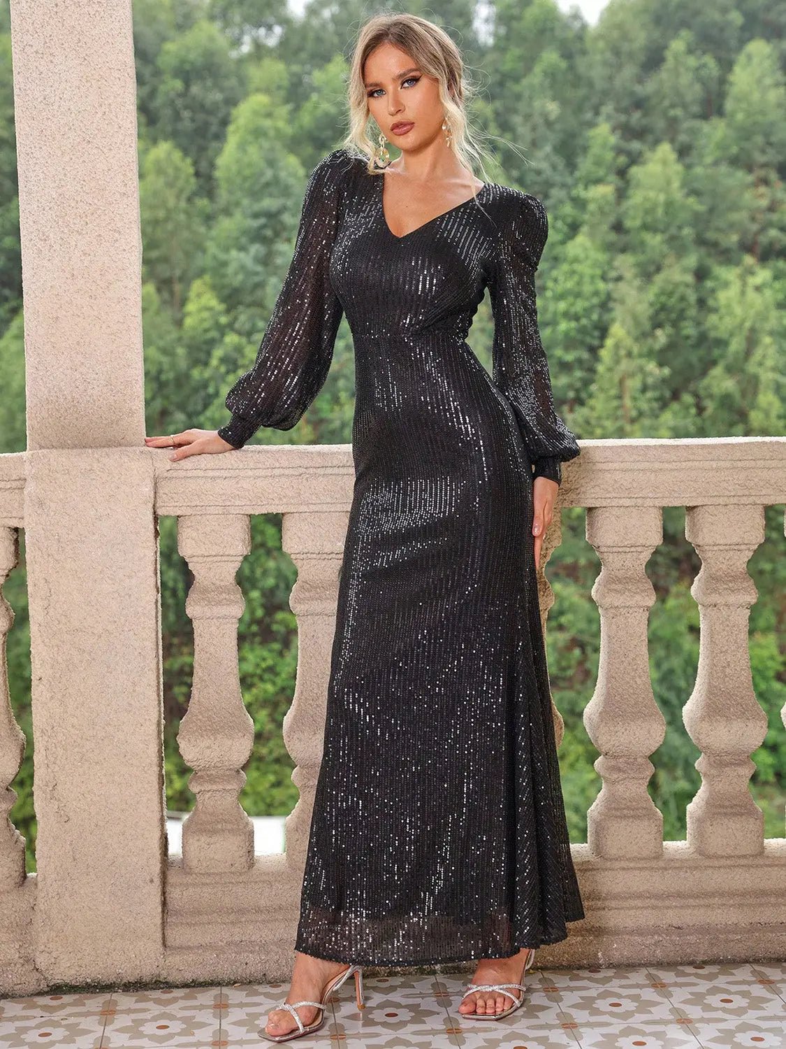 Sequin V-Neck Lantern Sleeve Maxi Dress 2668south