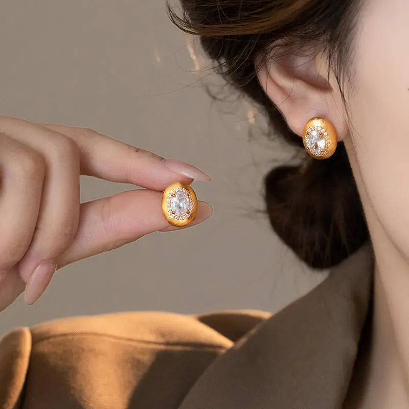 Simple Gold Brushed Zircon Stud Earrings For Women 2668south