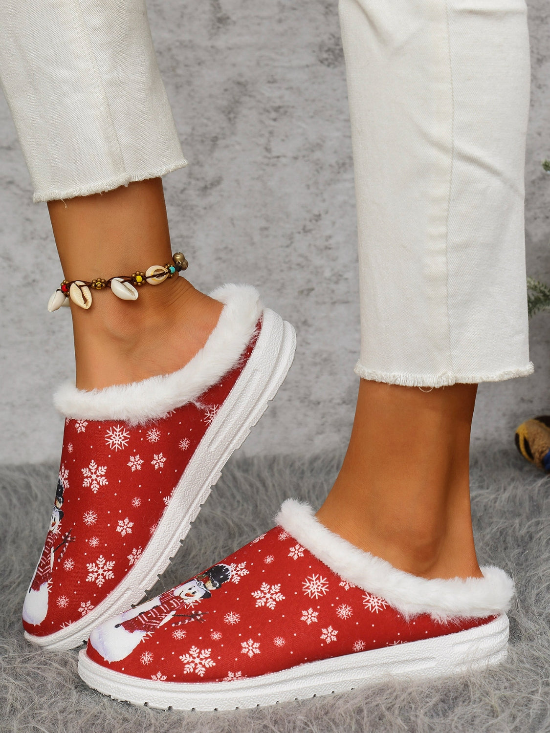 Snowman Print Flat Slippers with Faux Fur 2668south