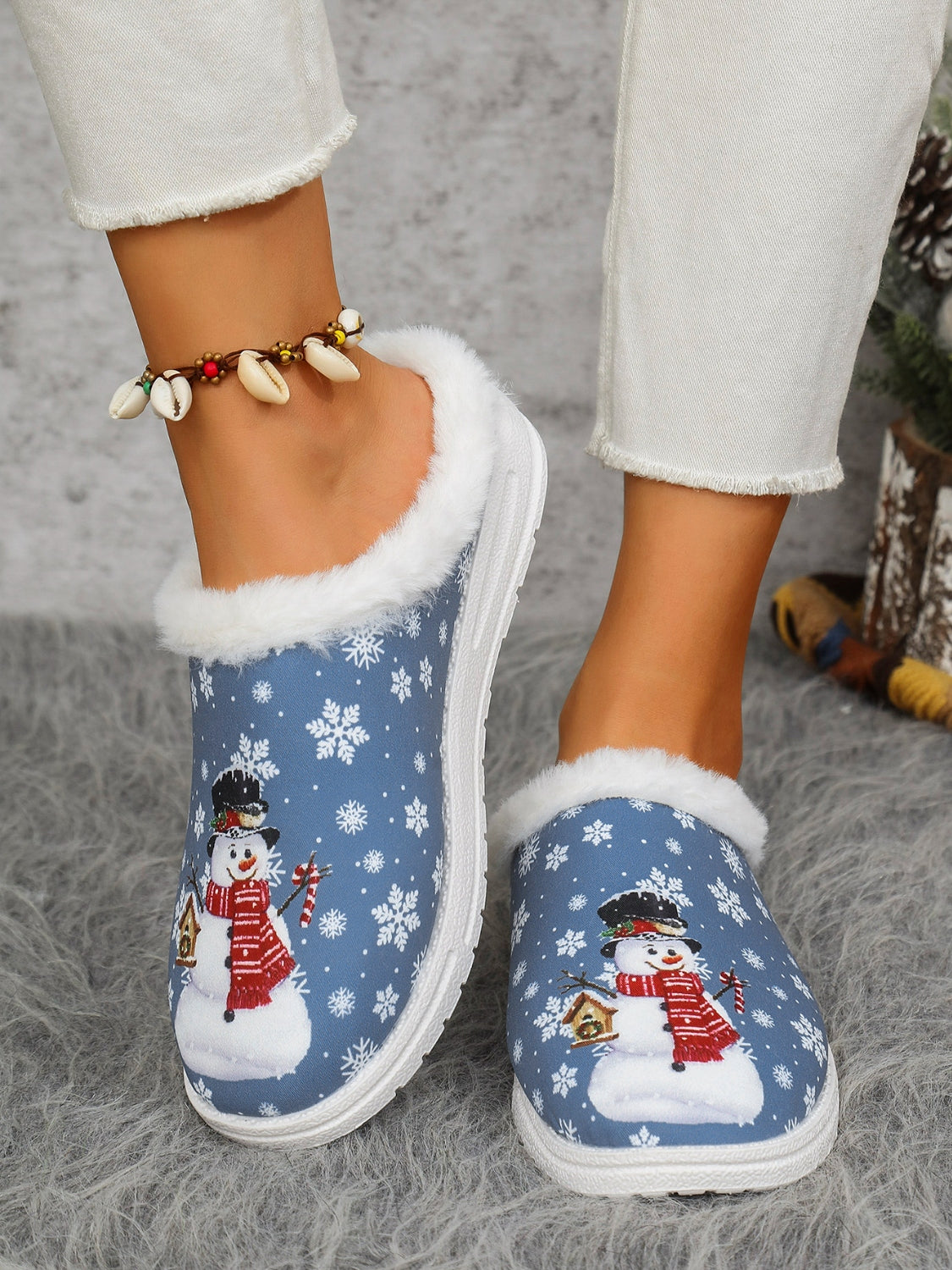 Snowman Print Flat Slippers with Faux Fur 2668south