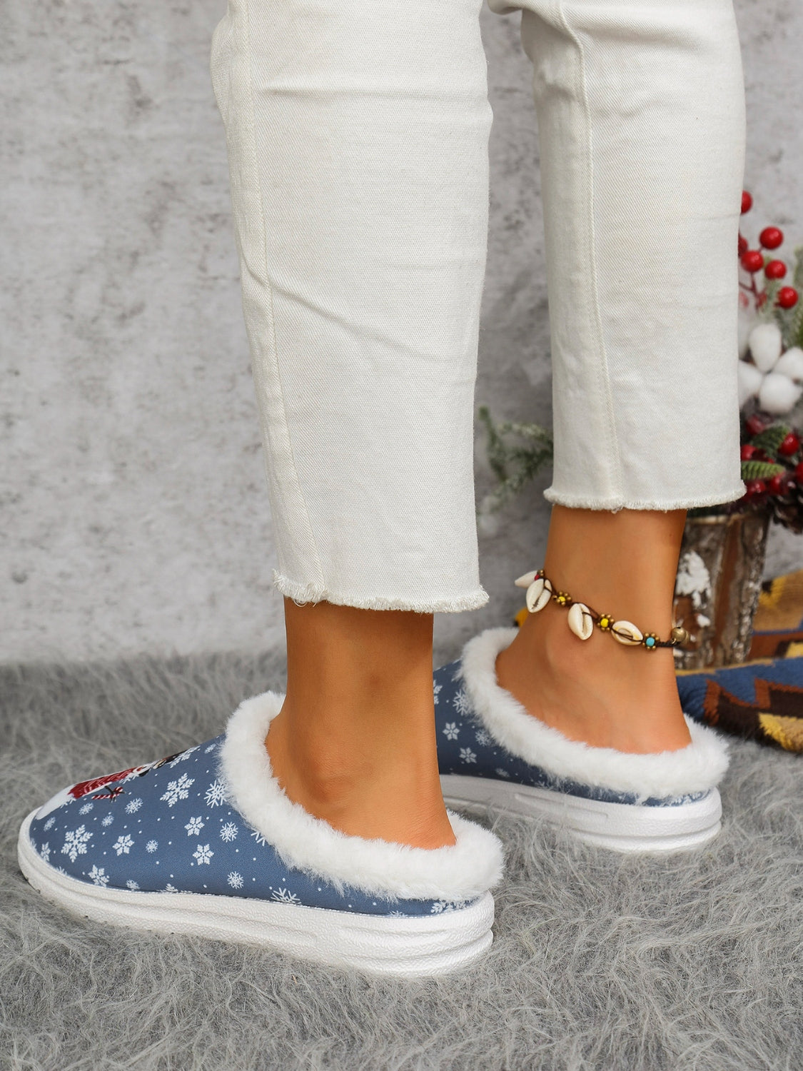 Snowman Print Flat Slippers with Faux Fur 2668south