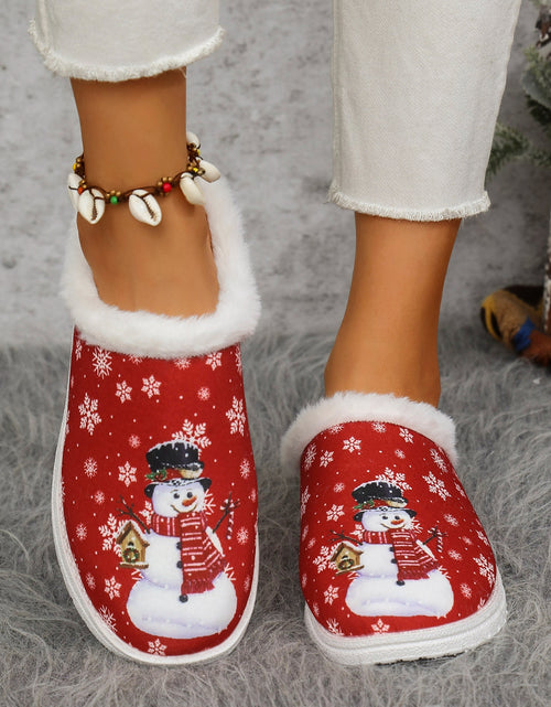 Load image into Gallery viewer, Snowman Print Flat Slippers with Faux Fur 2668south
