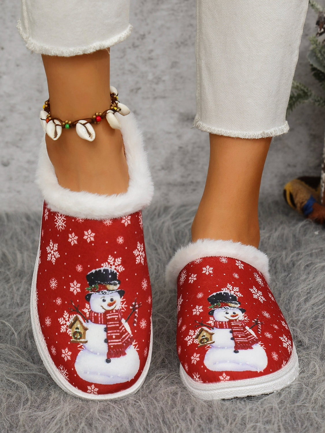 Snowman Print Flat Slippers with Faux Fur 2668south