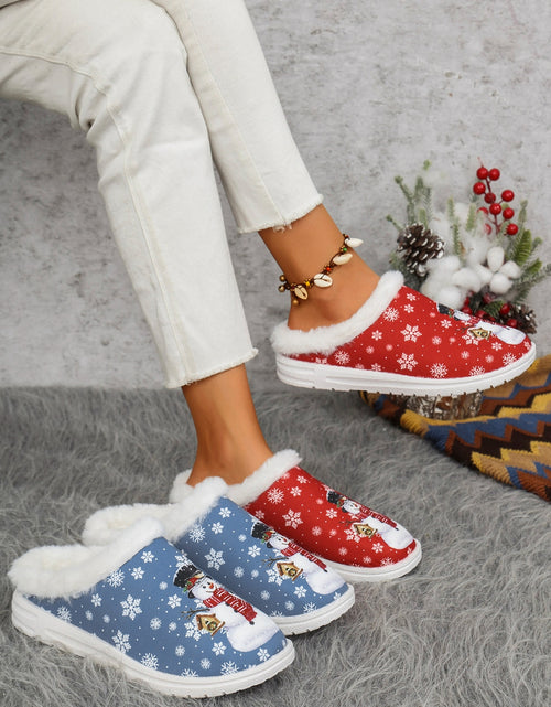 Load image into Gallery viewer, Snowman Print Flat Slippers with Faux Fur 2668south
