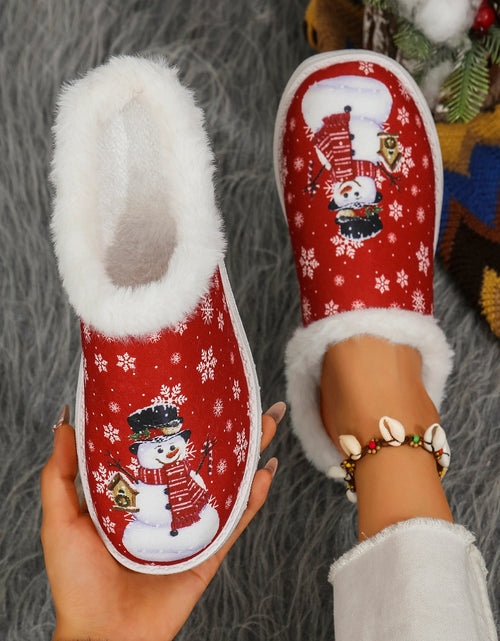 Load image into Gallery viewer, Snowman Print Flat Slippers with Faux Fur 2668south
