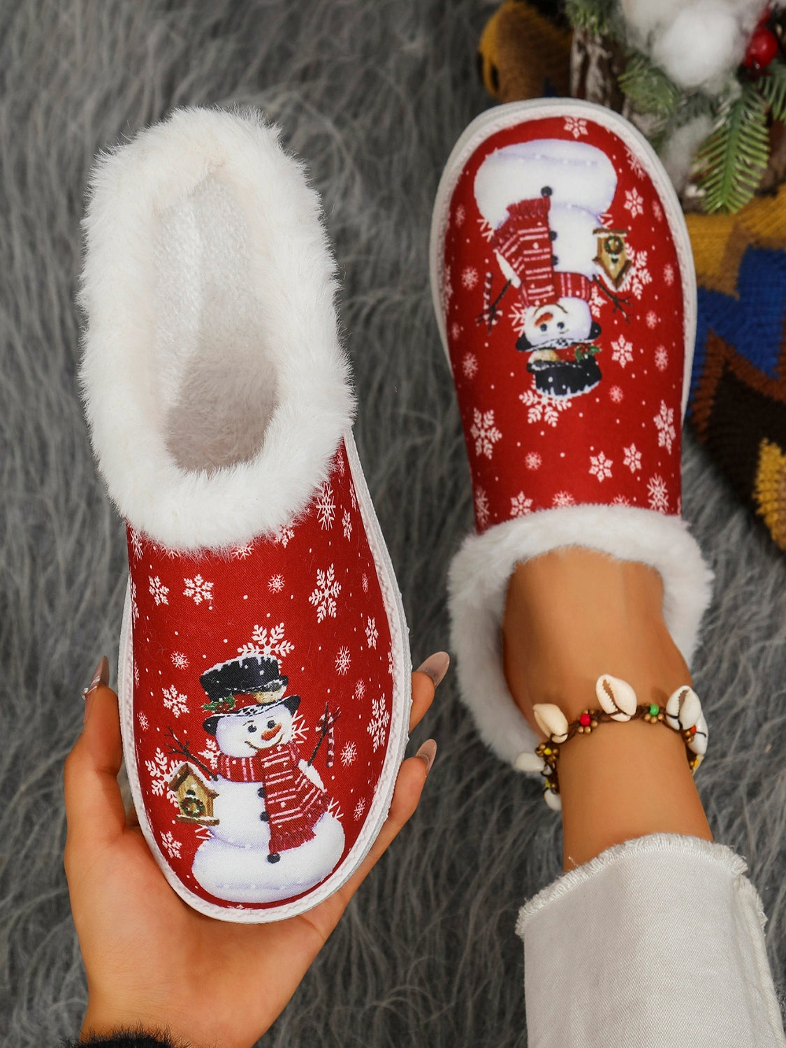 Snowman Print Flat Slippers with Faux Fur 2668south