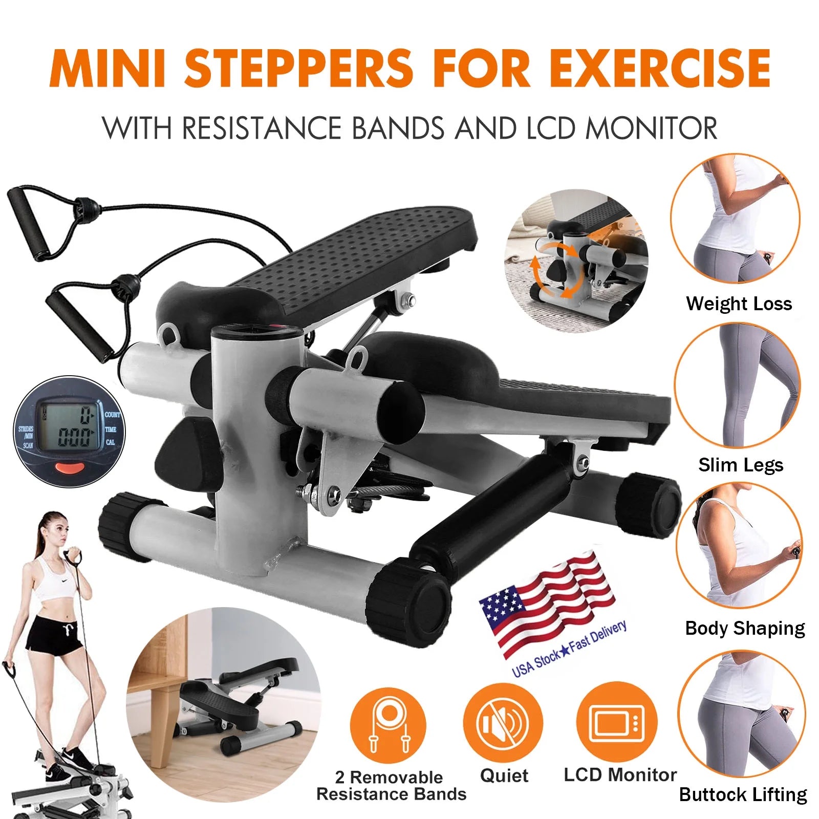 Steppers for Exercise,Stair Stepper with Resistance Bands,Mini Aerobic Stepper Exercise Machine,Stair Climber Equipment with LCD Monitor,White 2668south