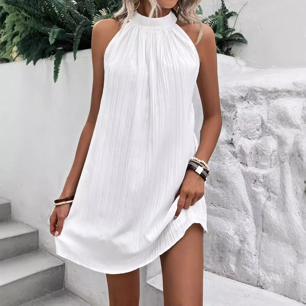 Summer High-end Sleeveless European And American Ladies Round Neck Mid-length Pleated Dress 2668south