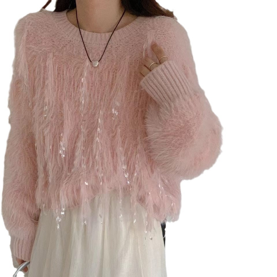 Sweet Style Mink Fur Pullover Highlight Strip Sweater For Women 2668south