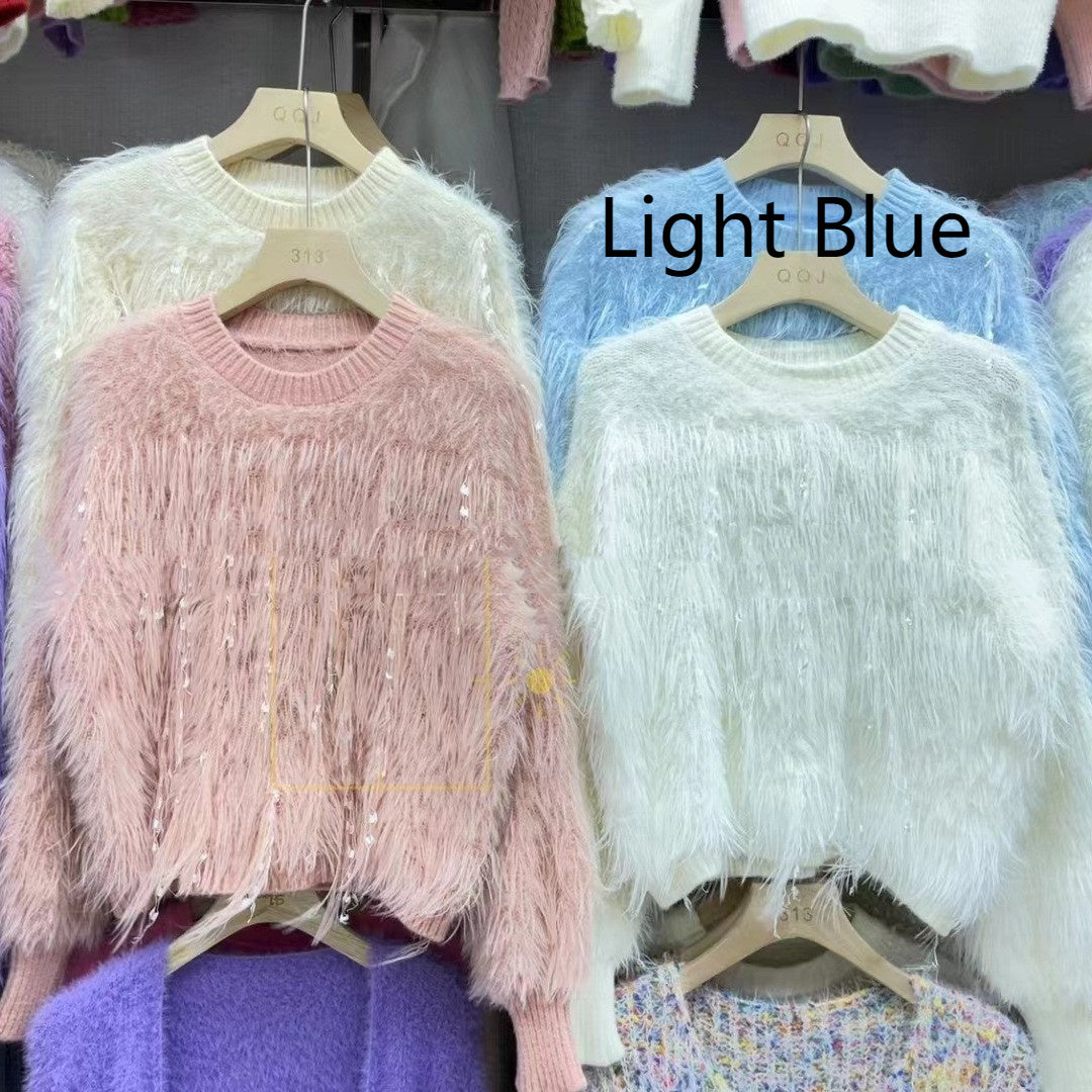 Sweet Style Mink Fur Pullover Highlight Strip Sweater For Women 2668south