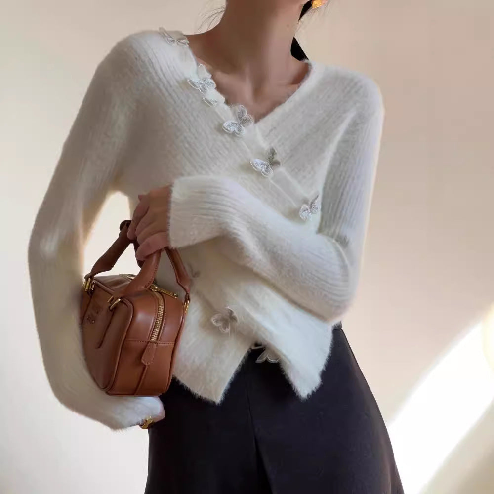 Three-dimensional Butterfly Furry V-neck Sweater 2668south