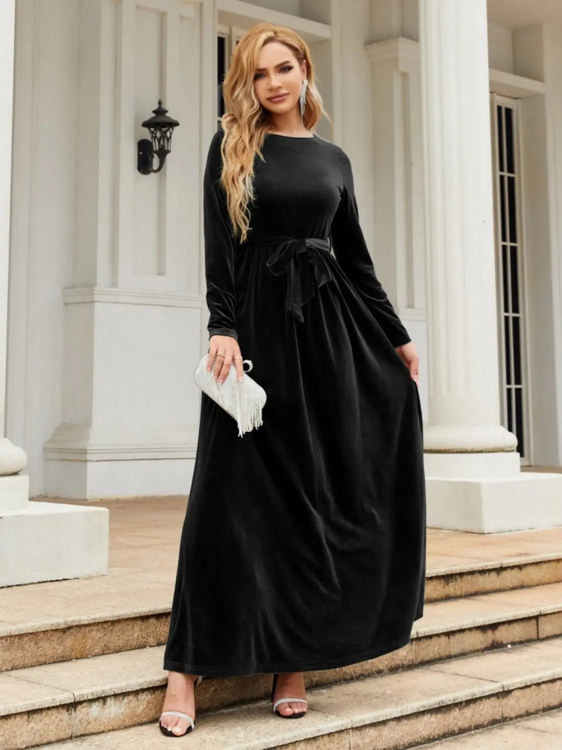 Tie Front Round Neck Long Sleeve Maxi Dress 2668south