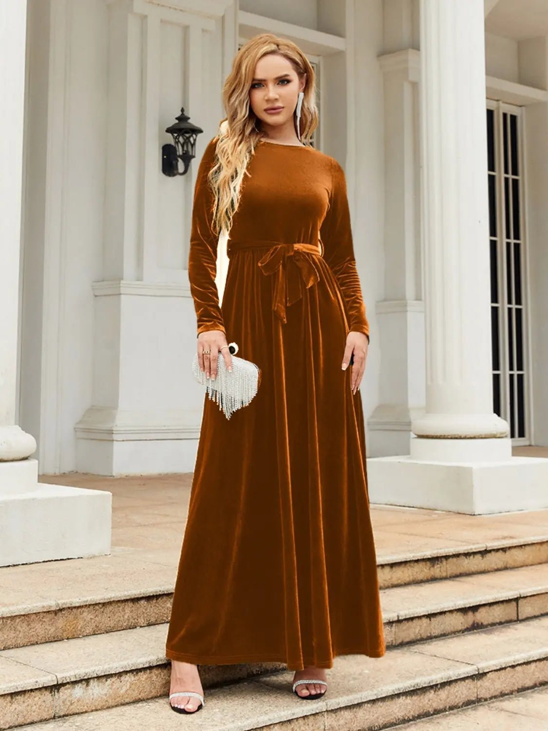 Tie Front Round Neck Long Sleeve Maxi Dress 2668south