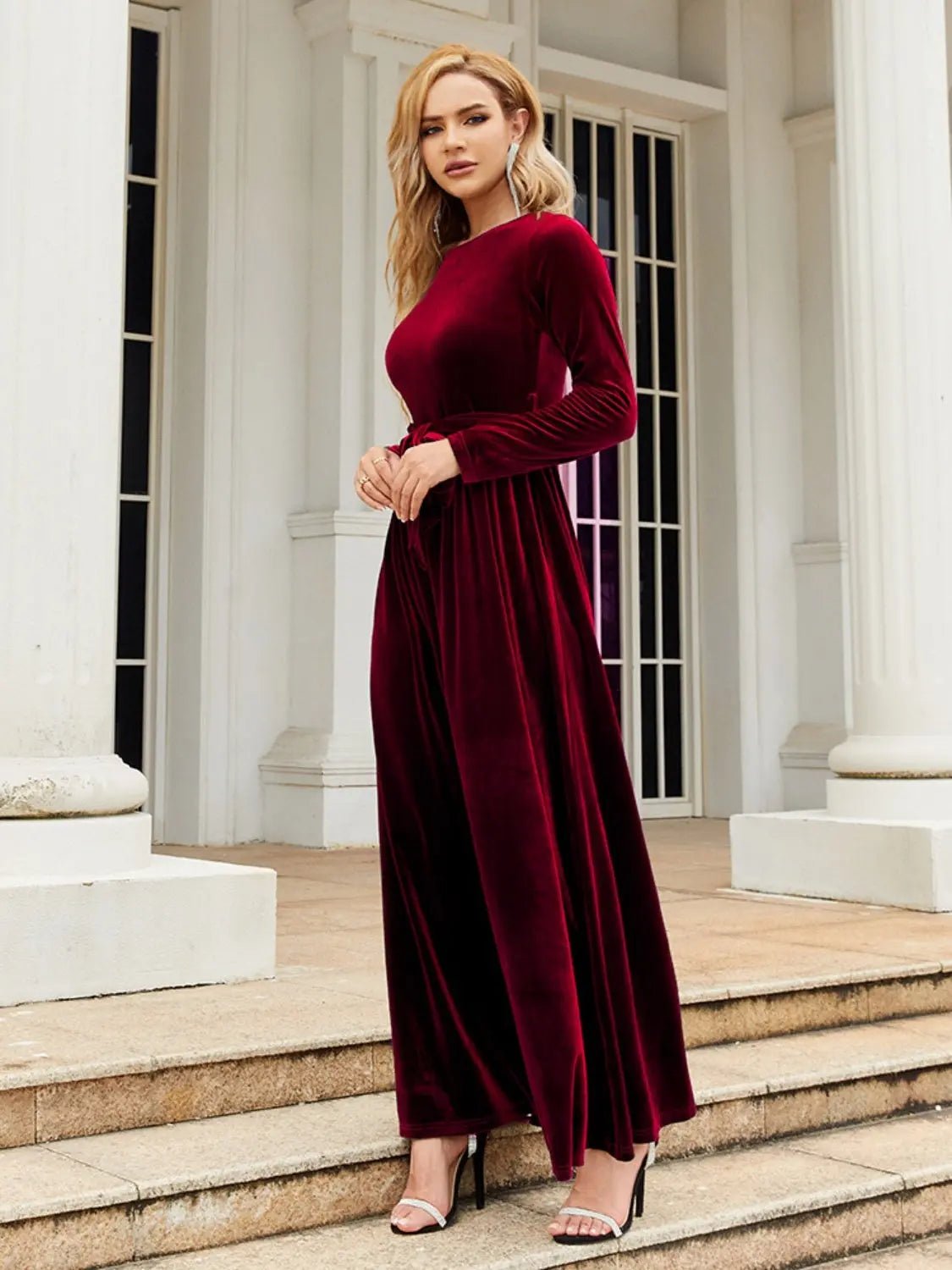 Tie Front Round Neck Long Sleeve Maxi Dress 2668south