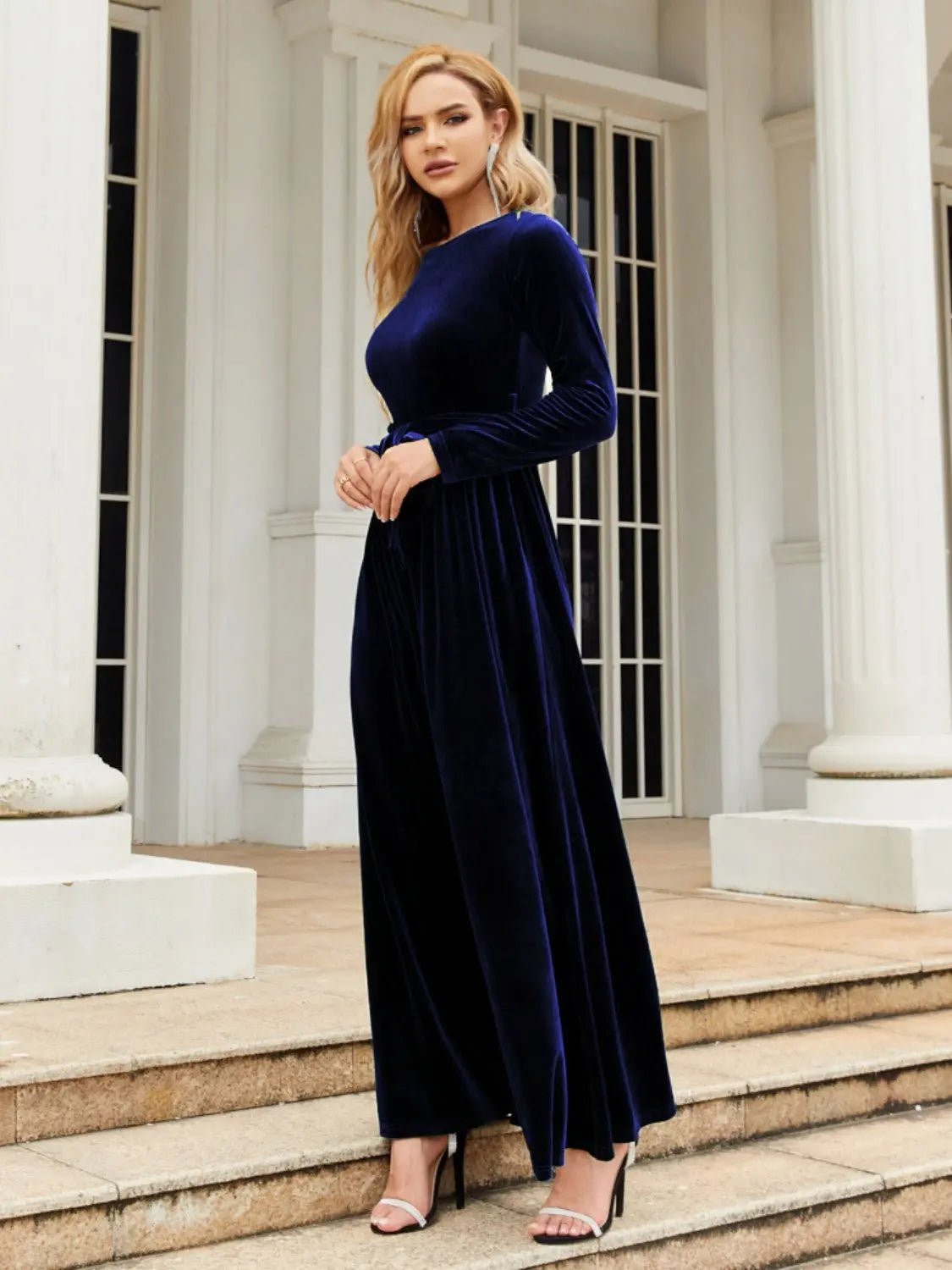 Tie Front Round Neck Long Sleeve Maxi Dress 2668south