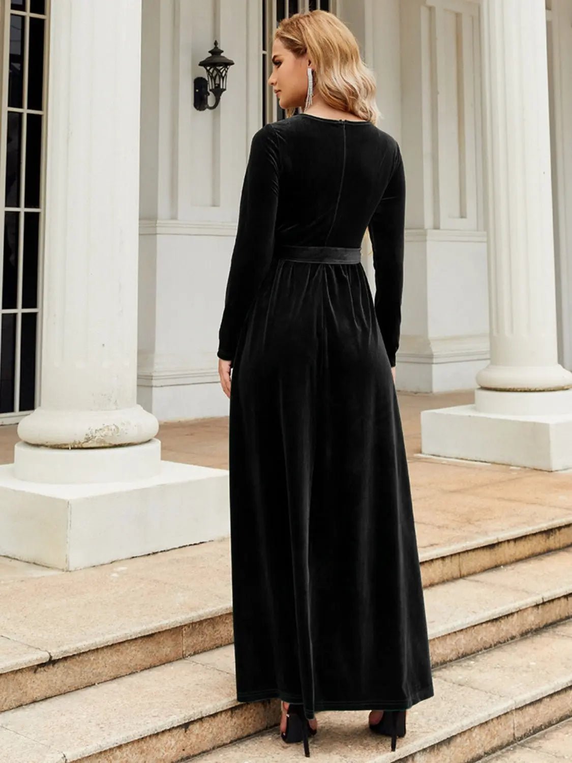 Tie Front Round Neck Long Sleeve Maxi Dress 2668south