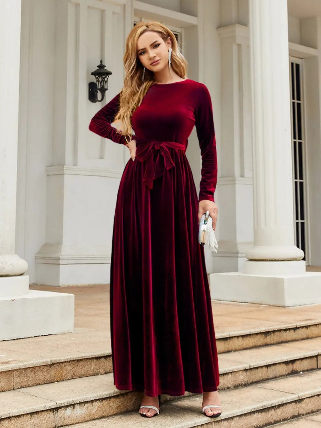 Tie Front Round Neck Long Sleeve Maxi Dress 2668south