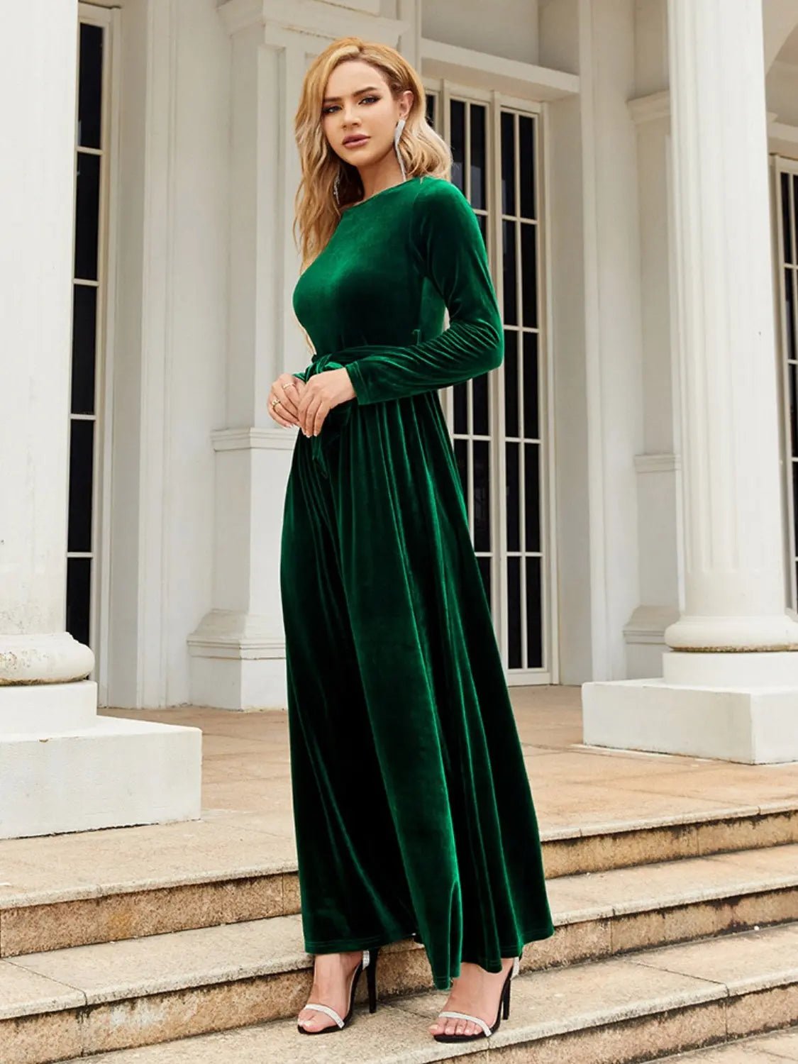 Tie Front Round Neck Long Sleeve Maxi Dress 2668south