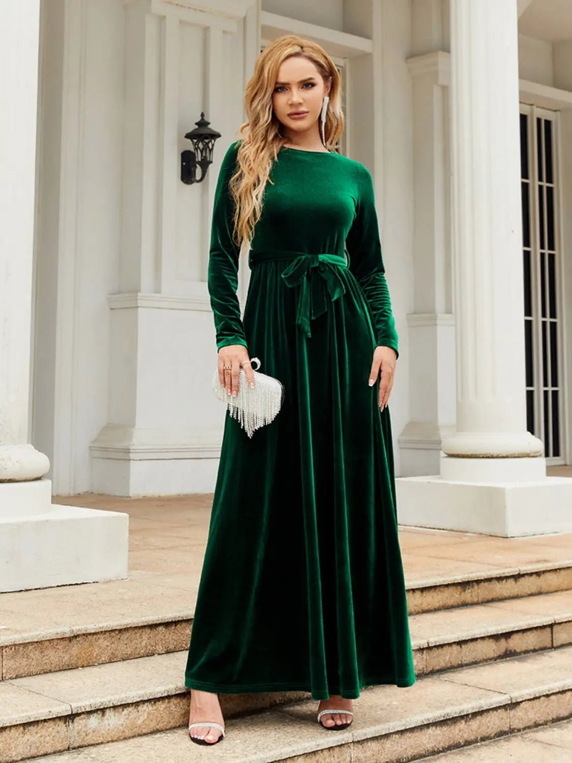 Tie Front Round Neck Long Sleeve Maxi Dress 2668south