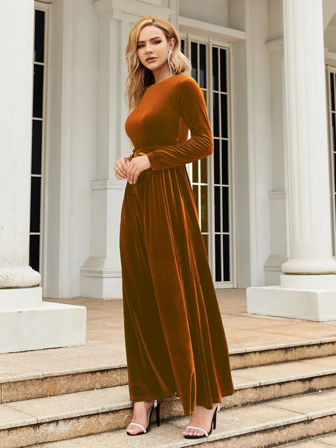 Tie Front Round Neck Long Sleeve Maxi Dress 2668south