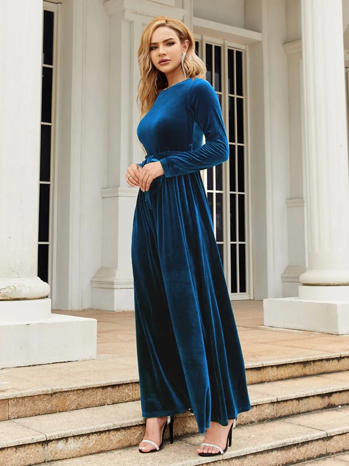 Tie Front Round Neck Long Sleeve Maxi Dress 2668south