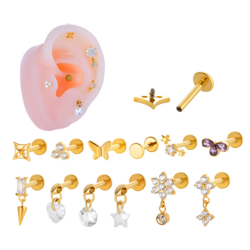 Titanium Alloy Inlaid Zircon Flower Love Heart Star Internal Screw Labret Puncture Ear Bone Stud 2668south