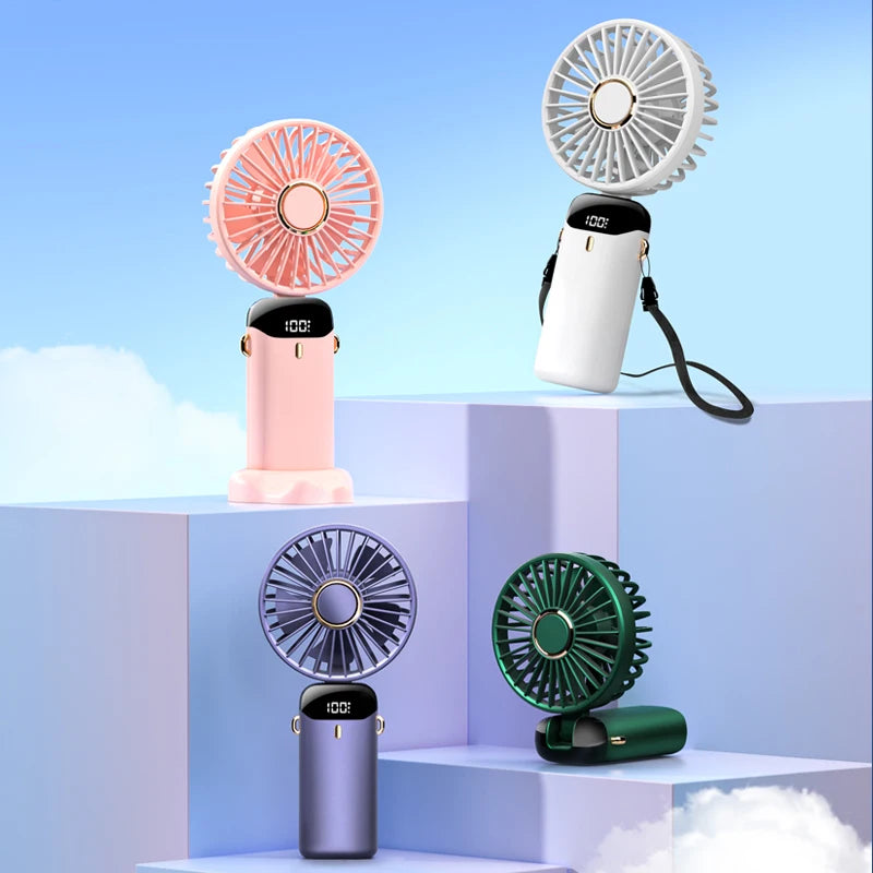 USB Handheld Mini Fan Foldable Portable Neck Hanging Fans 5 Speed USB Rechargeable Fan with Phone Stand and Display Screen 2668south