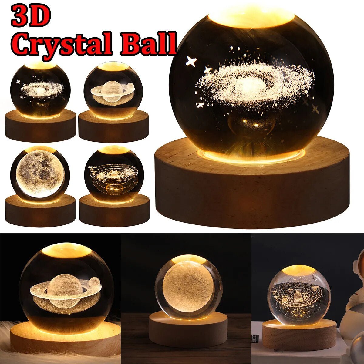 USB LED Night Light, Galaxy Crystal Ball Lamp, 3D Planet Moon Lamp, Home Decoration 2668south