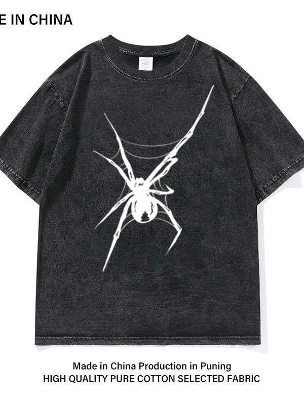 Washed Old Heavy Cotton T-shirt Spider Print 2668south