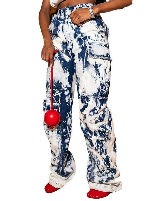 Load image into Gallery viewer, Washed Tie-dye Pocket Stitching High Waist Straight Jeans 2668south
