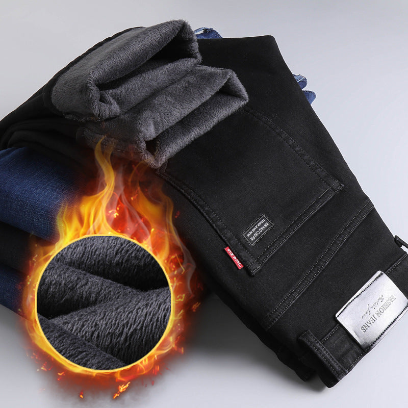 Winter Black Jeans Men's Fleece-lined Thickened 2668south