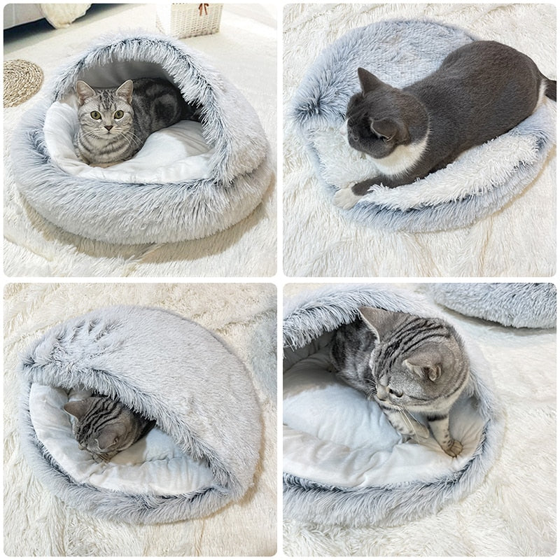 Winter Long Plush Pet Cat Bed round Cat Cushion Cat House 2 in 1 Warm Cat Basket Cat Sleep Bag Cat Nest Kennel for Small Dog Cat 2668south