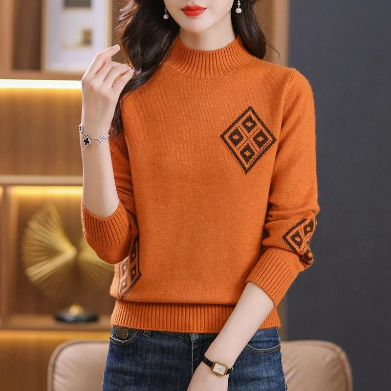 Winter Mock Neck Sweater Women's Western Style Top Plaid Colorblock Knitted 2668south