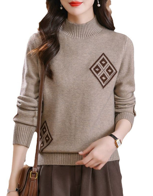 Load image into Gallery viewer, Winter Mock Neck Sweater Women&#39;s Western Style Top Plaid Colorblock Knitted 2668south
