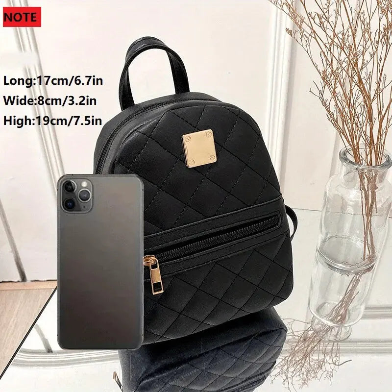 Women'S Cute Small Backpack Rhombic Pattern Backpack with Adjustable Strap Zipper Casual Shoulder Black Mobile Bag 2668south