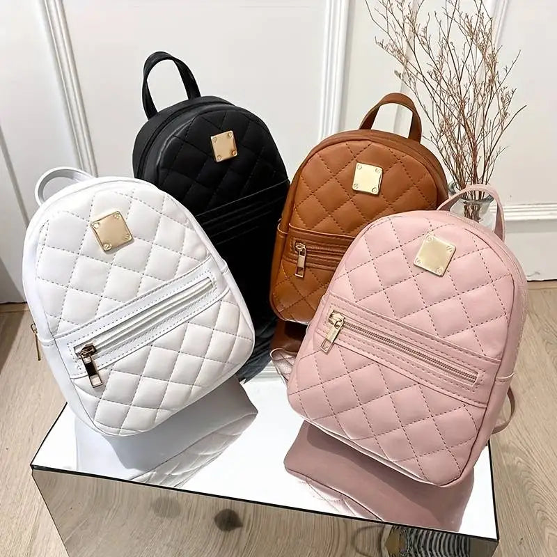 Women'S Cute Small Backpack Rhombic Pattern Backpack with Adjustable Strap Zipper Casual Shoulder Black Mobile Bag 2668south