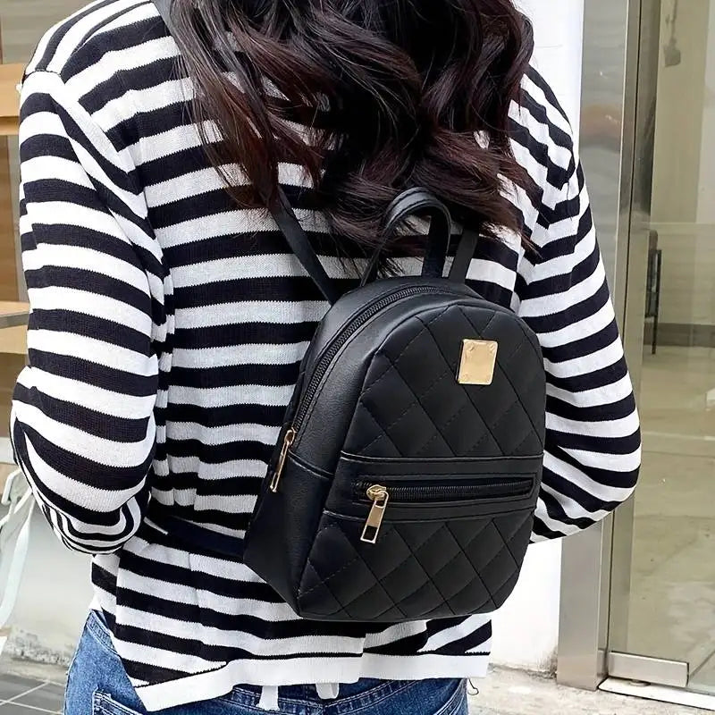 Women'S Cute Small Backpack Rhombic Pattern Backpack with Adjustable Strap Zipper Casual Shoulder Black Mobile Bag 2668south